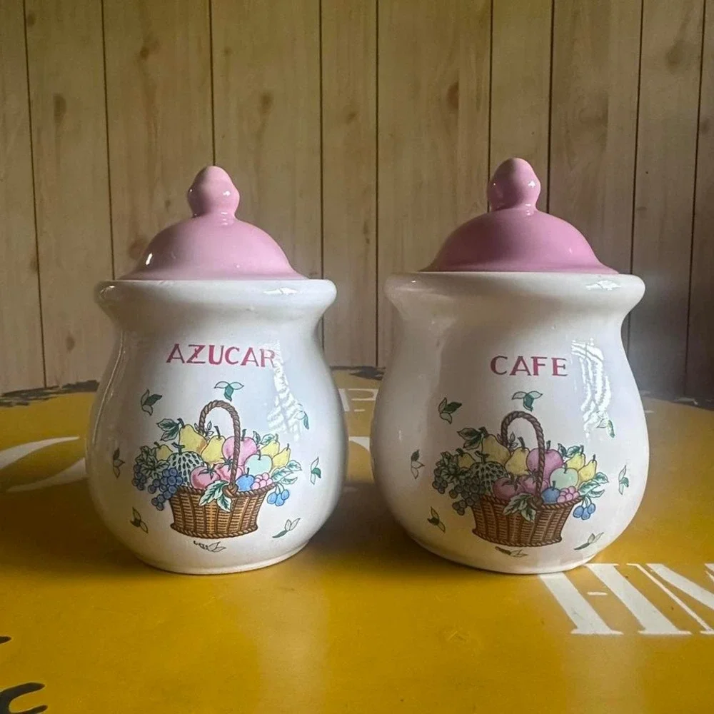 Vintage Cafe Azucar Jars Set of 2 Pastel Pink Lids Canisters Sugar Coffee Retro